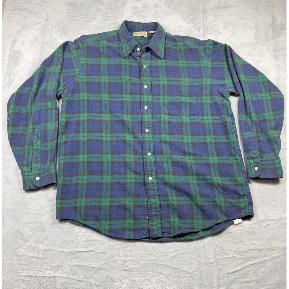 Vintage LL Bean Flannel Shirt Mens Large USA Made Blue Green Plaid Cotton
